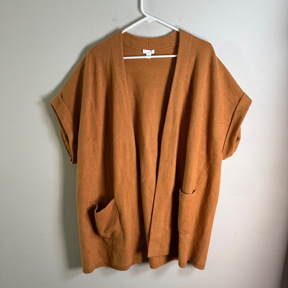 J. Jill Sweaters - J. Jill Womens Burnt Orange Ribbed Open Front Short Sleeve Cardigan Pocket Large
